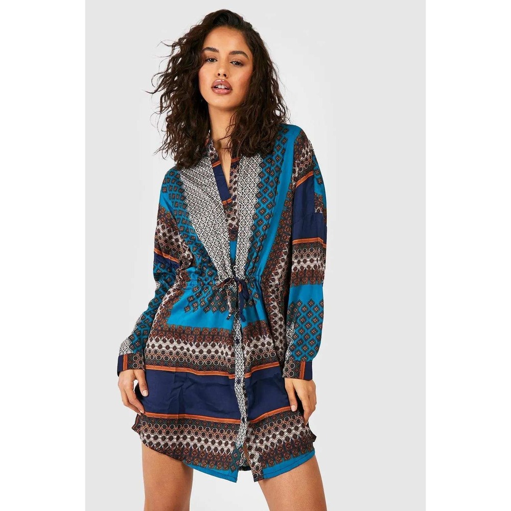 Boohoo Blue Scarf Print Button Front Mini Shirt Dress Drawstring Waist US 10